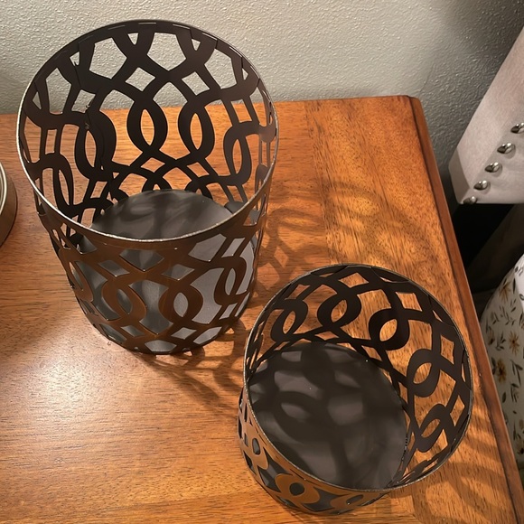 Set of 2 Round Bronze Color Metal Cut Out Lanterns Hurricane Candle Holders - Picture 4 of 10